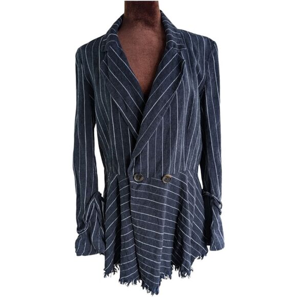Free people Indigo navy Stella longline striped  double breasted  blazer SMALL - Picture 11 of 12